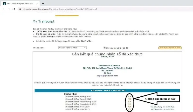2. Các bước tải chứng chỉ MOS Online
