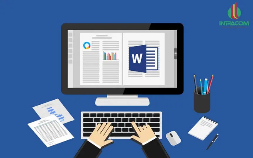 Kỹ năng tin học văn phòng - tay đánh máy trên bàn phím, màn hình hiển thị tài liệu Microsoft Word với biểu đồ và bảng biểu.