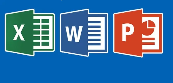 Các biểu tượng của Excel, Word, và PowerPoint trên nền xanh dương