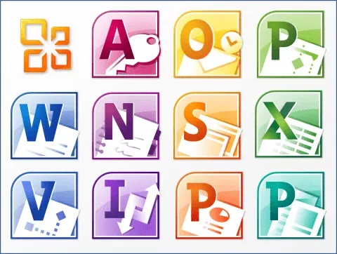 Biểu tượng các ứng dụng Microsoft Office: Access, Outlook, Publisher, Word, OneNote, SharePoint, Excel, Visio, InfoPath, PowerPoint, Project.
