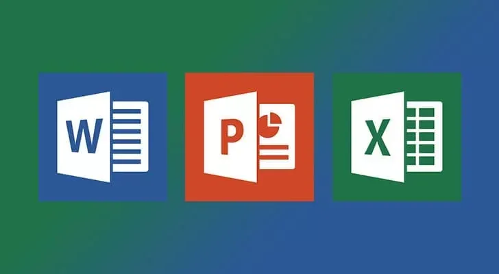 Các biểu tượng của Microsoft Word, PowerPoint và Excel trên nền màu xanh lá và xanh dương