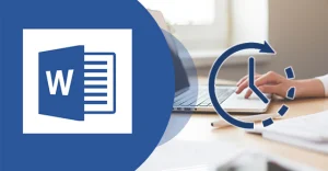 Biểu tượng Microsoft Word và hình ảnh làm việc trên máy tính xách tay cùng biểu tượng đồng hồ hiển thị sự khôi phục file.
