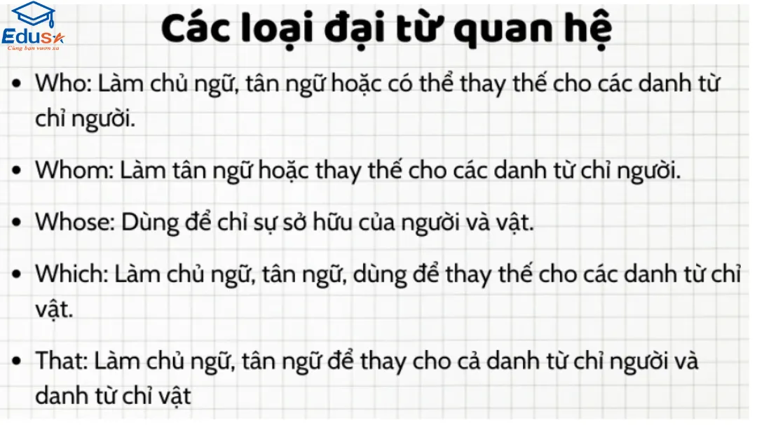 Các loại từ dùng trong mệnh đề quan hệ