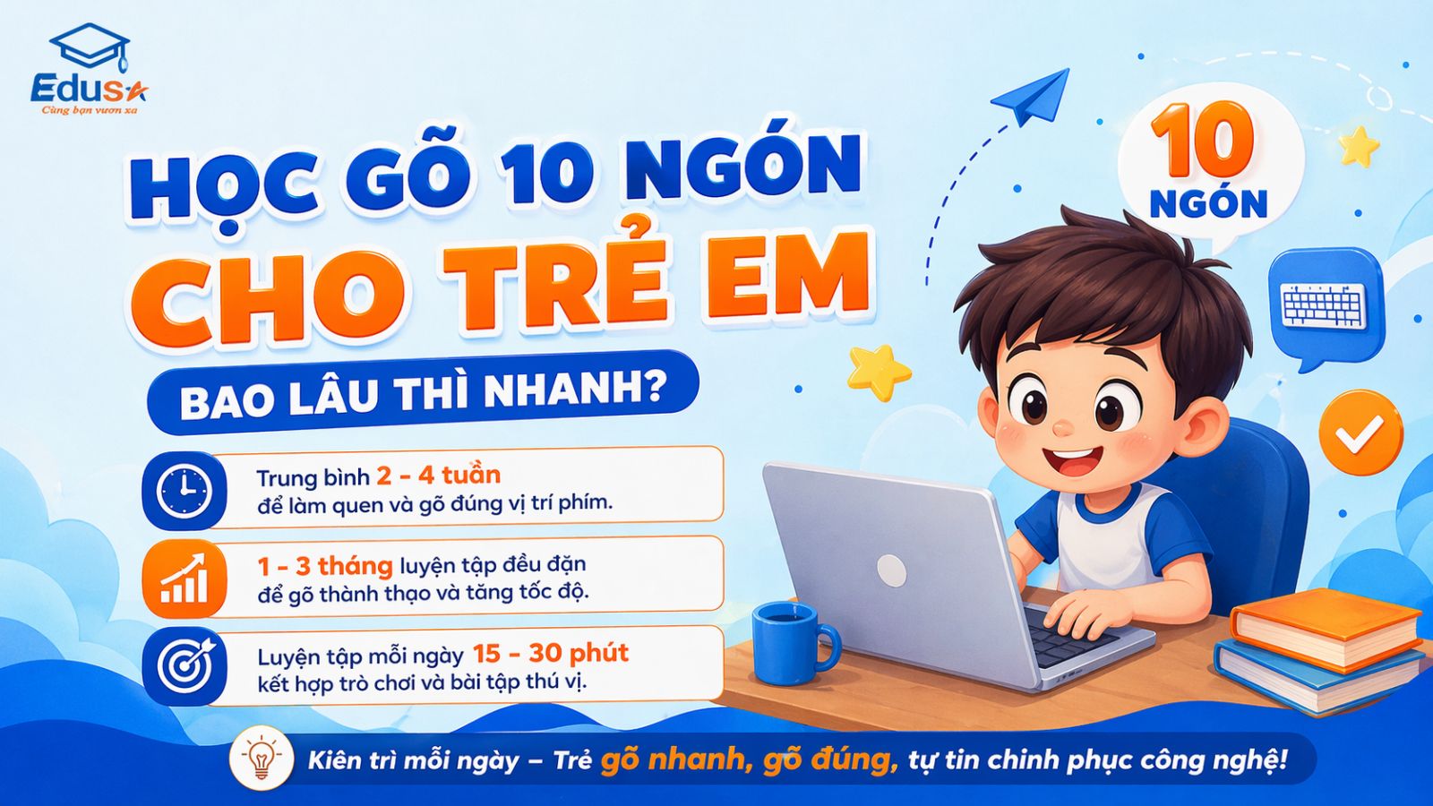 Lộ trình các bước và thời gian dự kiến để trẻ em học gõ 10 ngón thành thạo cùng trung tâm EDUSA.
