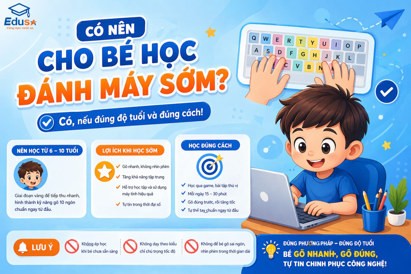 Lời khuyên về độ tuổi và lợi ích khi cho trẻ em học đánh máy 10 ngón sớm cùng phương pháp học tại EDUSA.