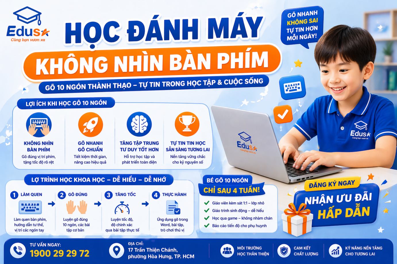 Khóa học gõ 10 ngón không nhìn bàn phím giúp trẻ làm chủ công nghệ và tăng tốc độ làm bài tại EDUSA.