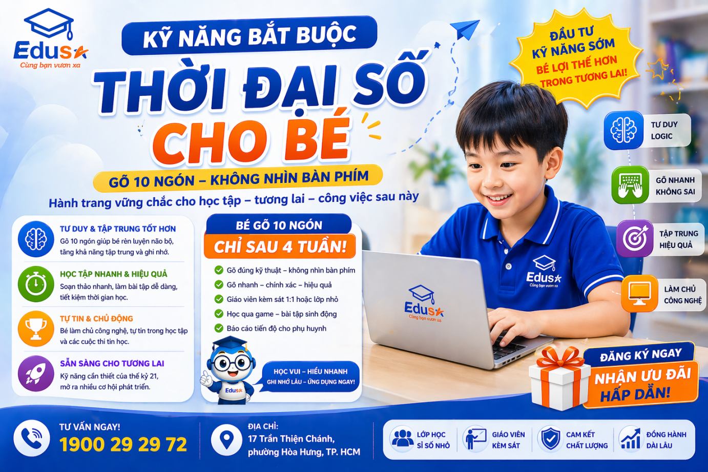 Banner khóa học gõ 10 ngón không nhìn bàn phím giúp bé bứt phá kỹ năng trong thời đại số tại EDUSA.