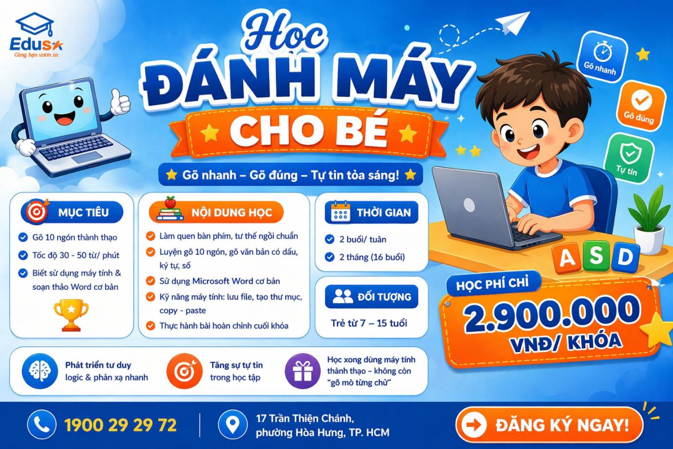 Bảng học phí và lộ trình đào tạo kỹ năng đánh máy gõ 10 ngón cho trẻ em tại trung tâm EDUSA.