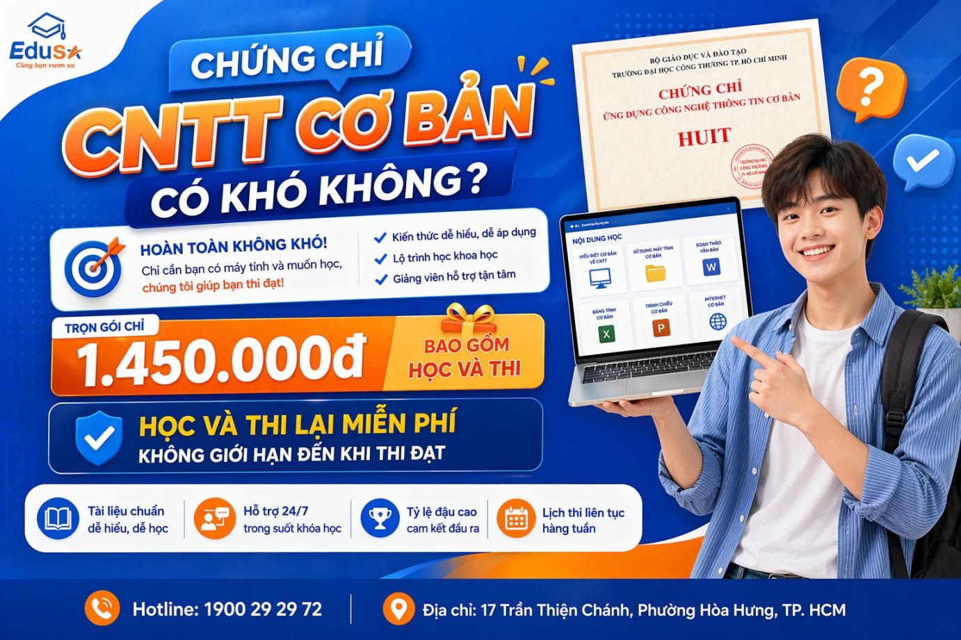 Thông tin liên hệ Hotline và địa chỉ trung tâm EDUSA để đăng ký tư vấn khóa học chứng chỉ.