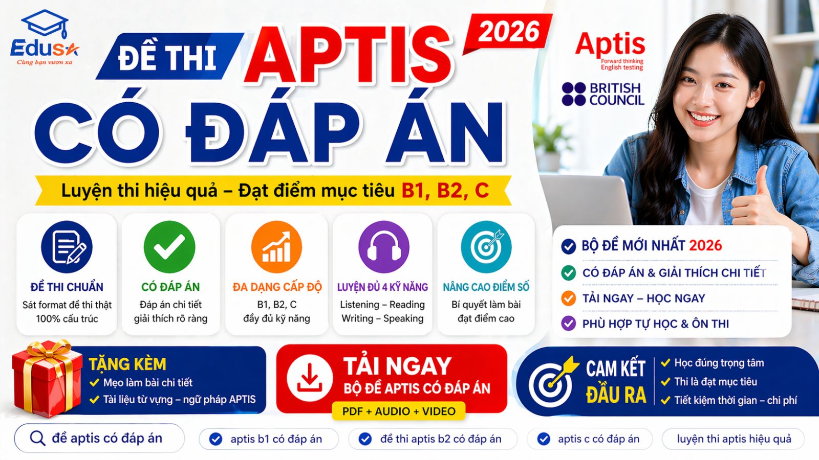 đề thi aptis có đáp án mới nhất 2026 đầy đủ 4 kỹ năng B1 B2 C có giải thích chi tiết