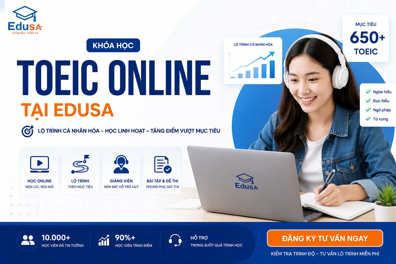 Học viên đang học TOEIC Online trên laptop với tai nghe — banner khóa học Edusa