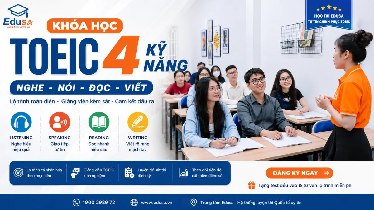 Banner khóa TOEIC 4 kỹ năng EDUSA — nghe nói đọc viết, lớp học và giảng viên kèm sát