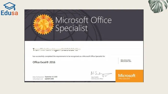 Chứng chỉ Microsoft Office Specialist (MOS) Excel 2016 của học viên sau khi hoàn thành khóa học tại Edusa