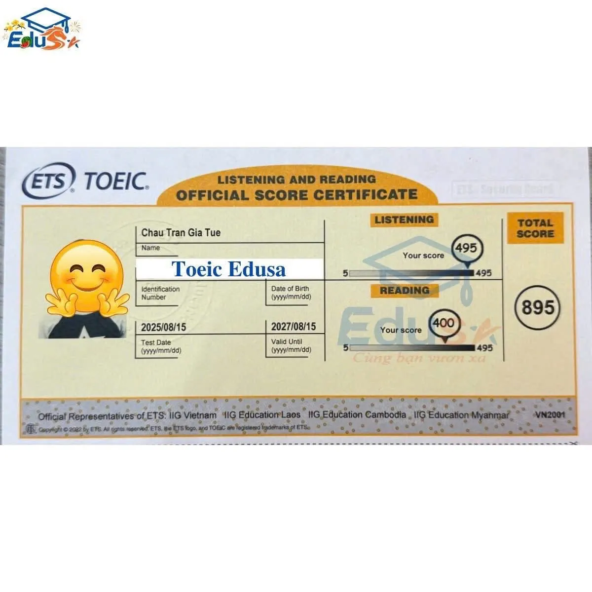 Phiếu điểm TOEIC Châu Trần Gia Tuệ — 895 điểm — Edusa