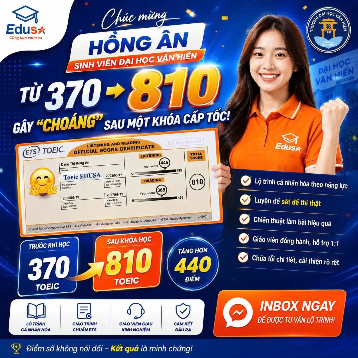 Phiếu điểm TOEIC 810 của học viên Đặng Thị Hồng An tại EDUSA