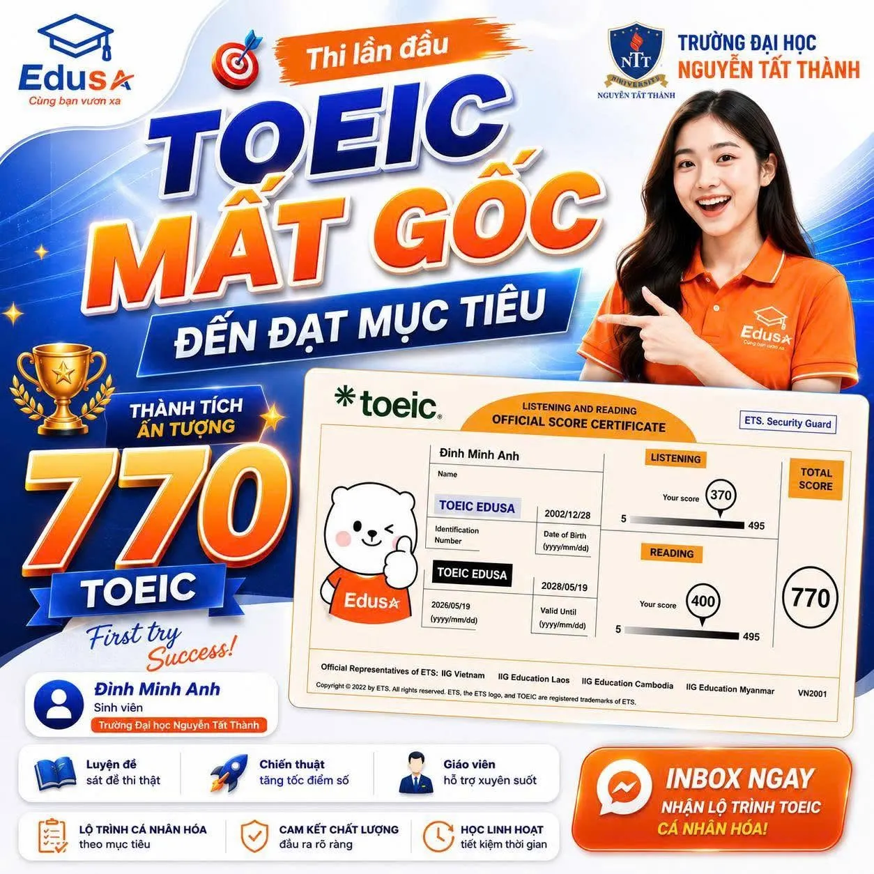 Phiếu điểm TOEIC 770 của học viên Đinh Minh Anh tại EDUSA