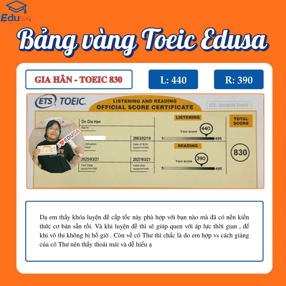 Phiếu điểm TOEIC 830 của học viên Đỗ Gia Hân sau lộ trình có giảng viên kèm tại EDUSA