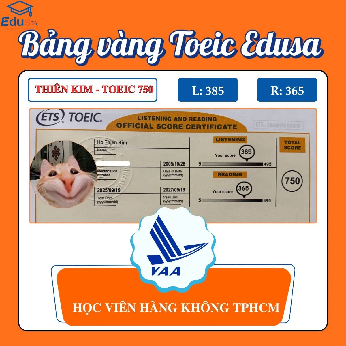 Phiếu điểm TOEIC 750 của học viên Hồ Thiên Kim chia sẻ tại EDUSA