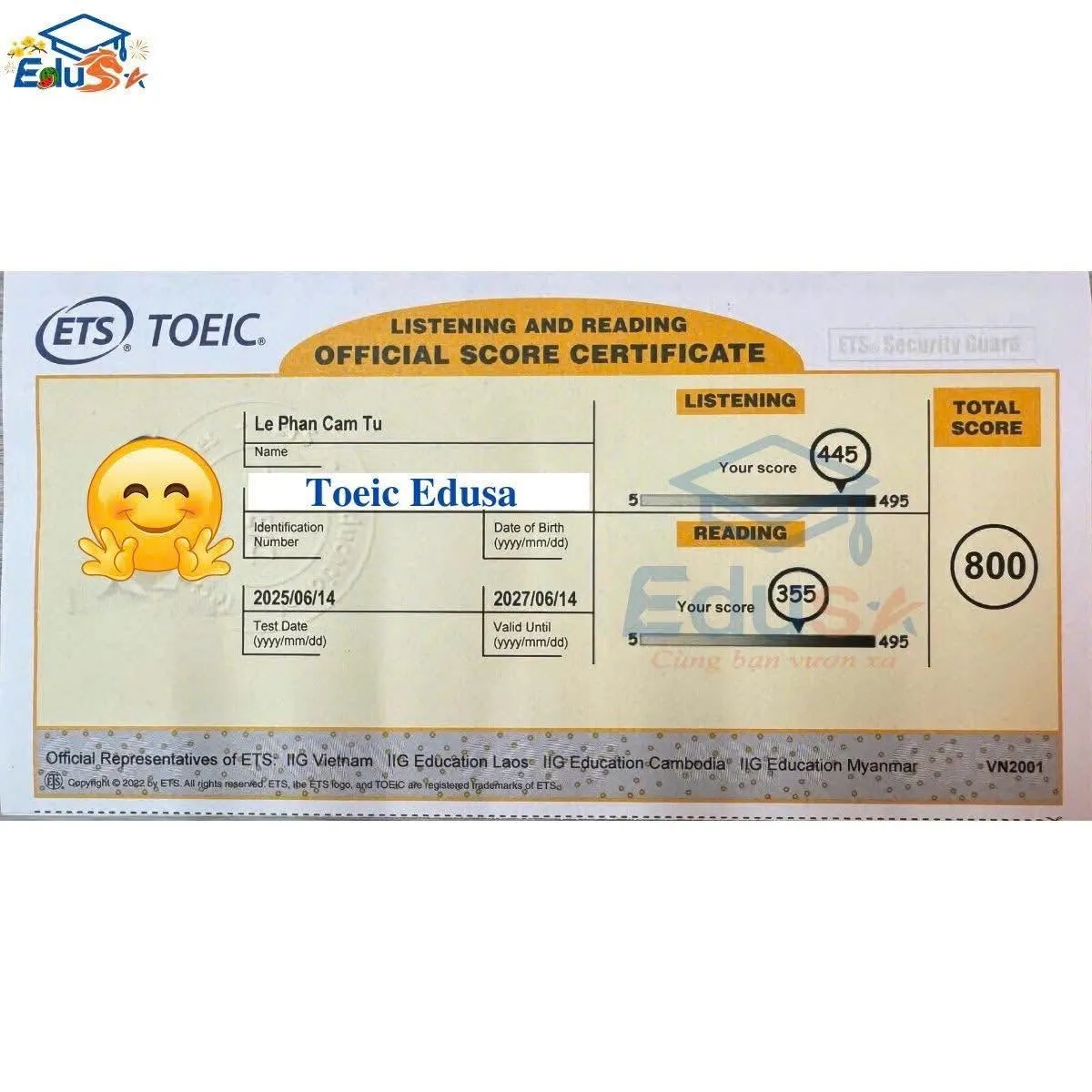 Phiếu điểm TOEIC Lê Phan Cẩm Tú — 800 điểm — Edusa