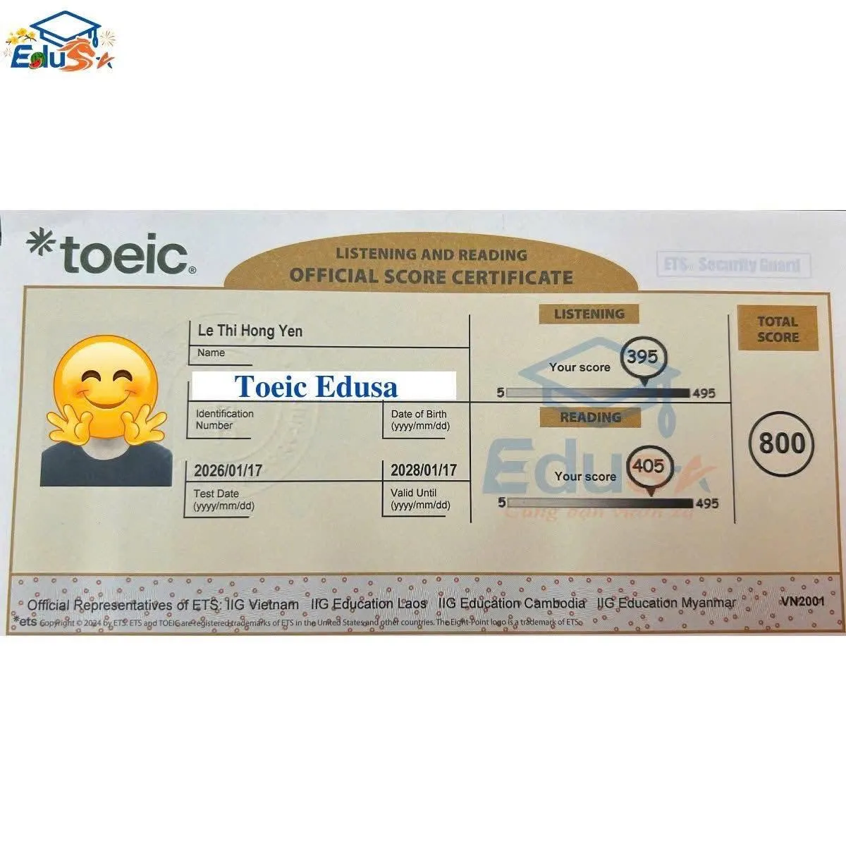 Phiếu điểm TOEIC Lê Thị Hồng Yến — 800 điểm — Edusa