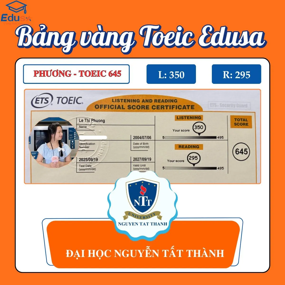 Phiếu điểm TOEIC 645 của học viên Lê Thị Phương chia sẻ tại EDUSA