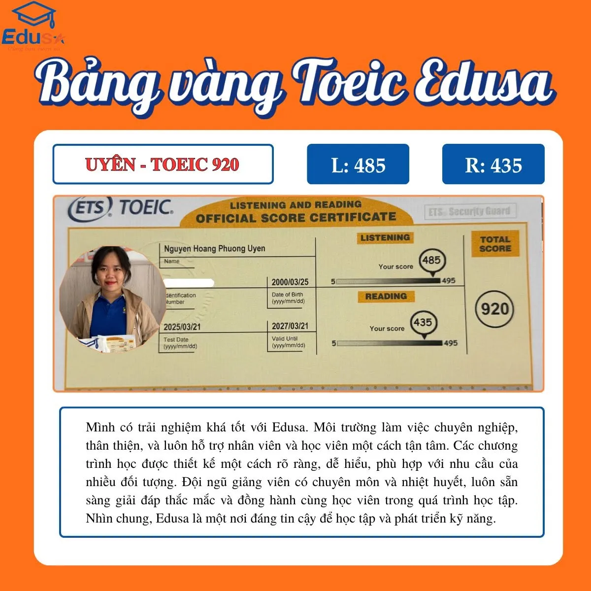 Phiếu điểm TOEIC 920 của học viên Nguyễn Hoàng Phương Uyên tại EDUSA