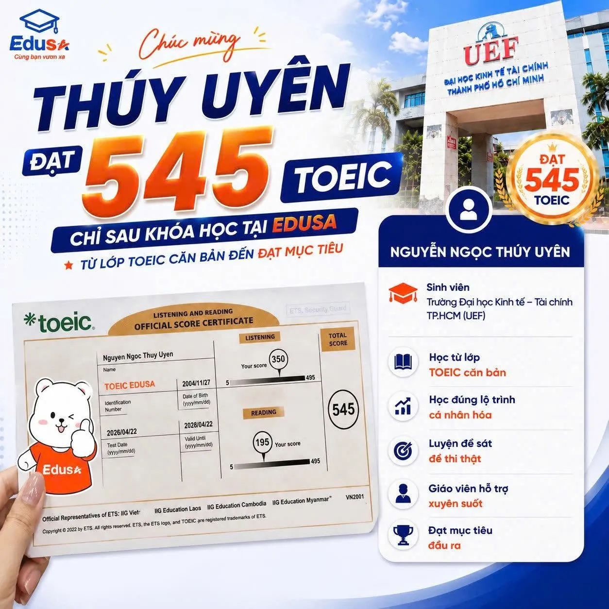 Bảng điểm TOEIC Nguyễn Ngọc Thùy Uyên 545 EDUSA