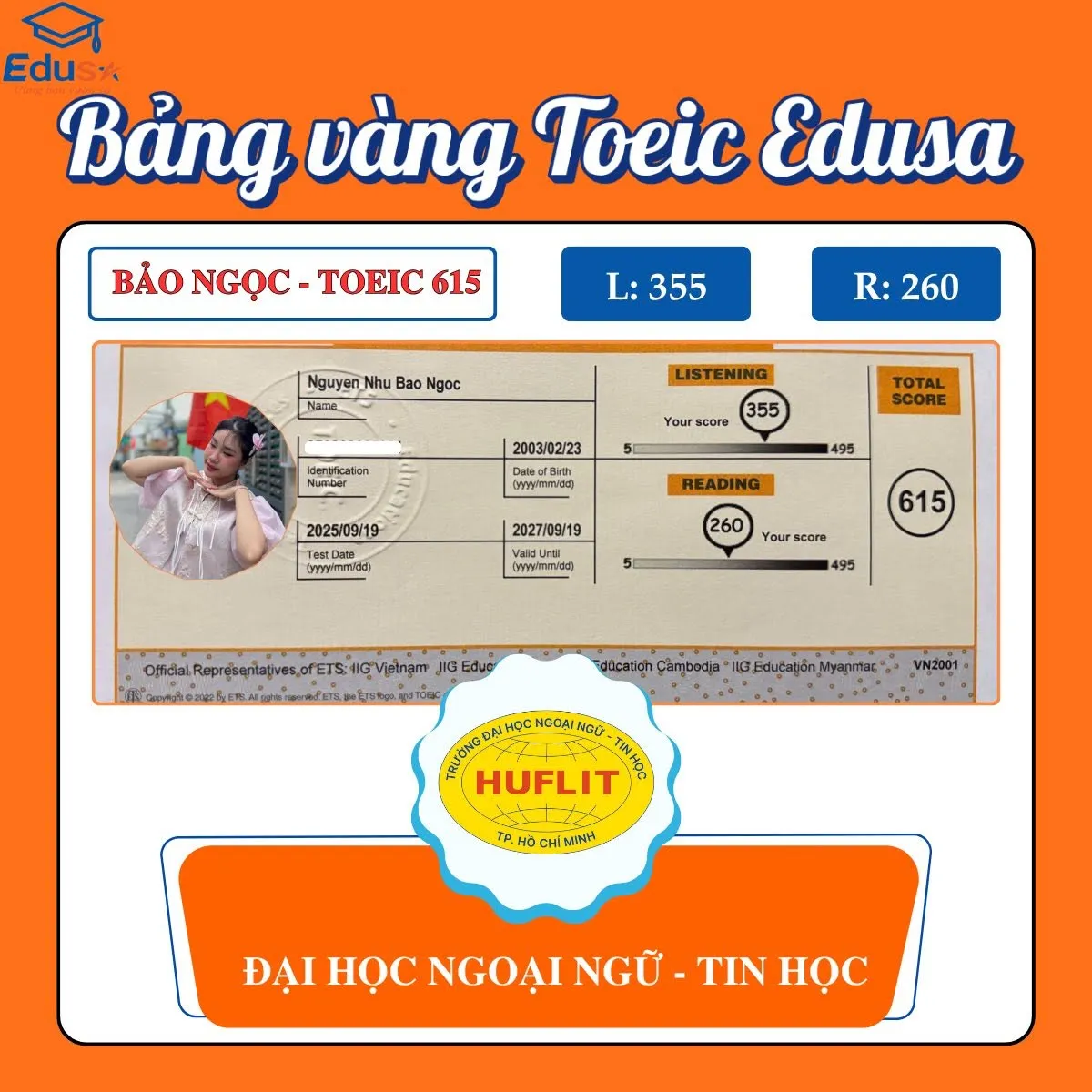 Phiếu điểm TOEIC 615 của học viên Nguyễn Như Bảo Ngọc chia sẻ tại EDUSA