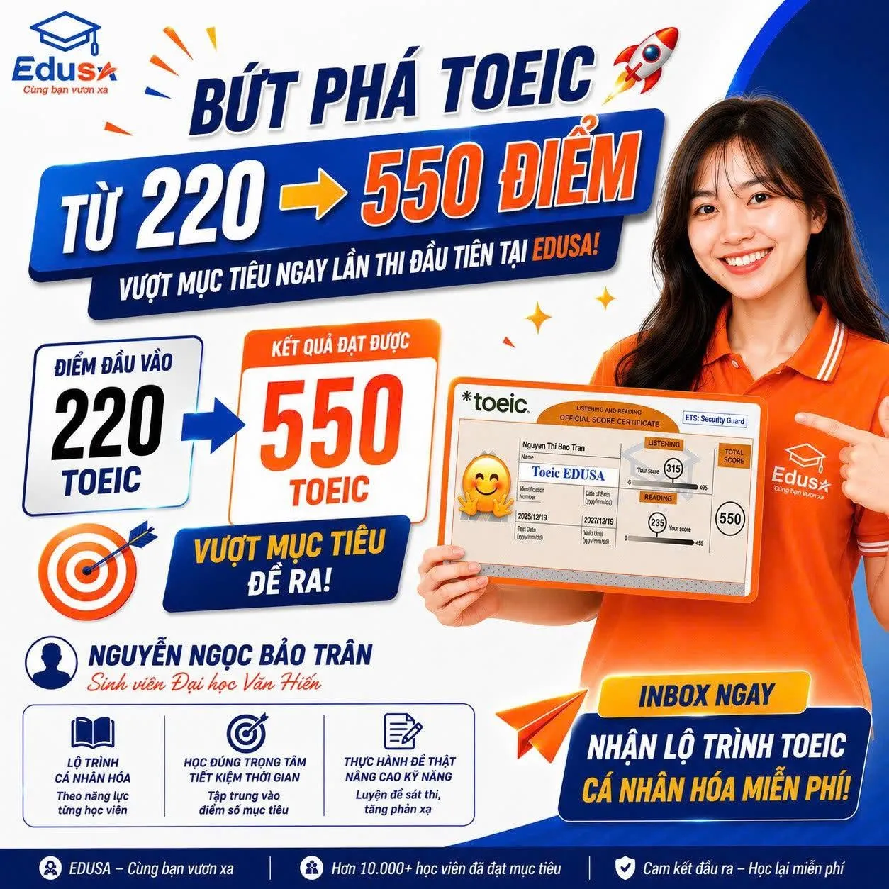 Phiếu điểm TOEIC 550 của học viên Nguyễn Thị Bảo Trân tại EDUSA