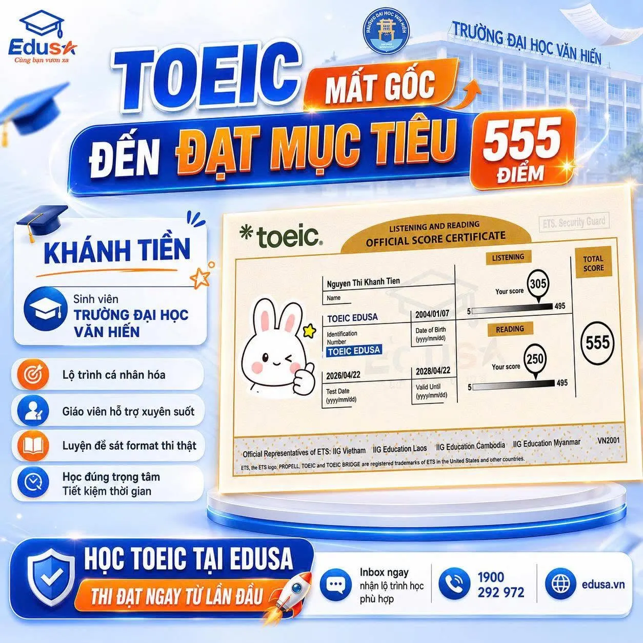 Bảng điểm TOEIC Nguyễn Thị Khánh Tiên 555 EDUSA