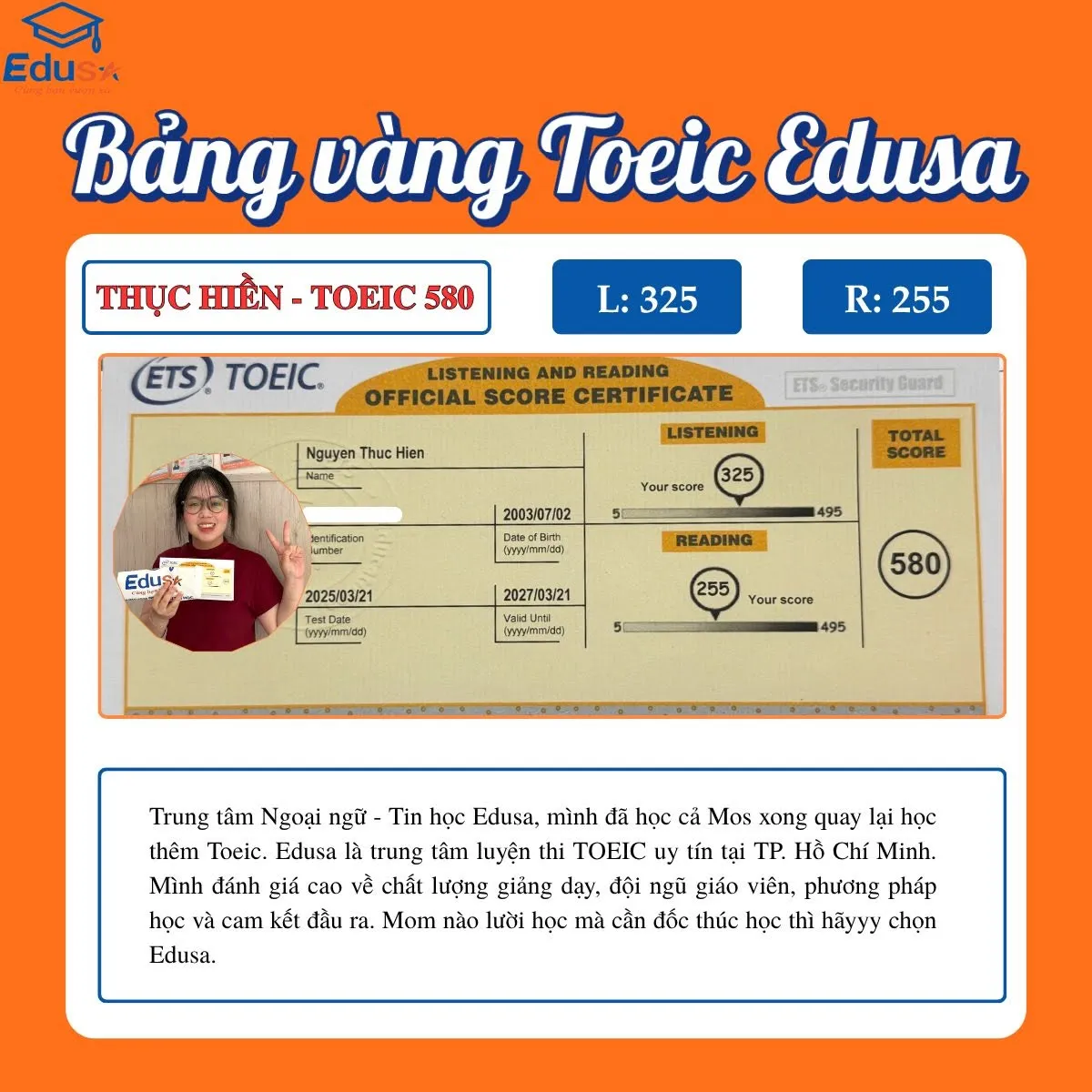 Phiếu điểm TOEIC 580 của sinh viên Nguyễn Thục Hiền tại EDUSA