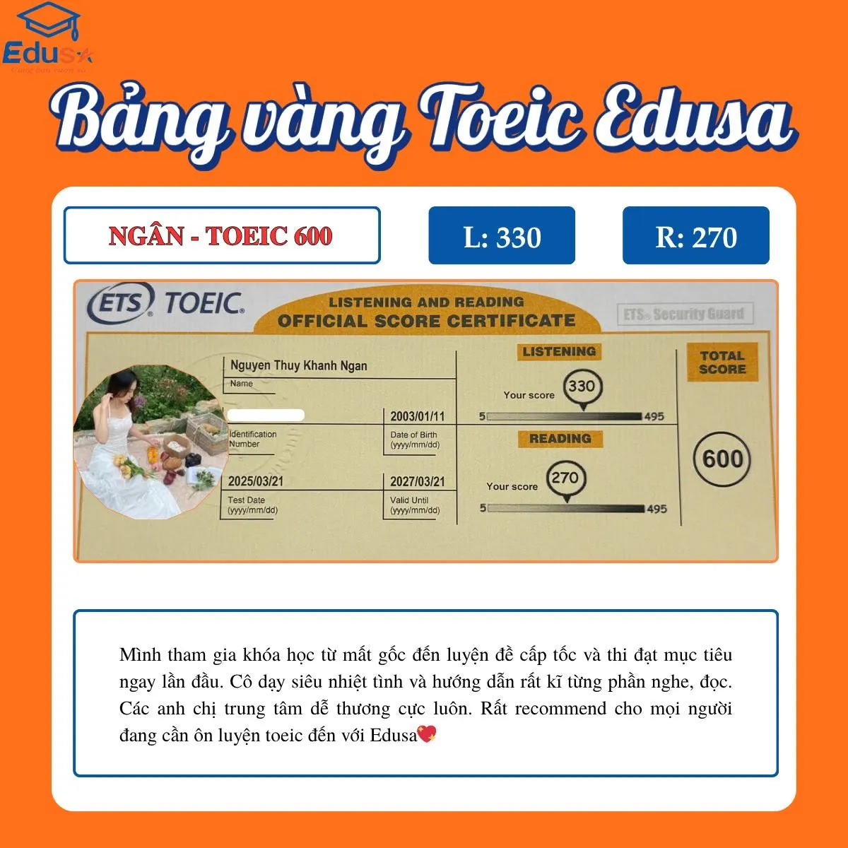 Phiếu điểm TOEIC 600 của học viên Nguyễn Thùy Khánh Ngân sau lộ trình có giảng viên kèm tại EDUSA