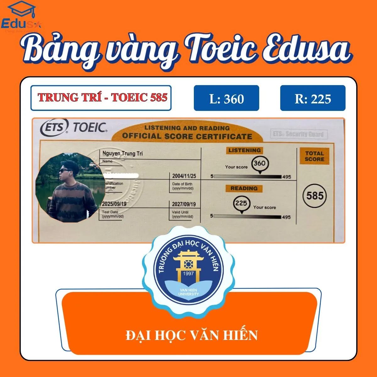Phiếu điểm TOEIC 585 của học viên Nguyễn Trung Trí chia sẻ tại EDUSA