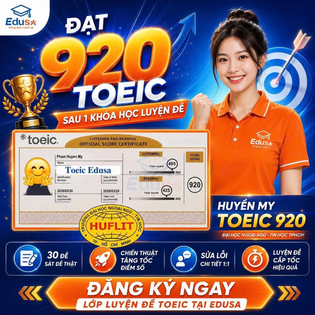 Phiếu điểm TOEIC 920 của học viên Phạm Huyền My tại EDUSA