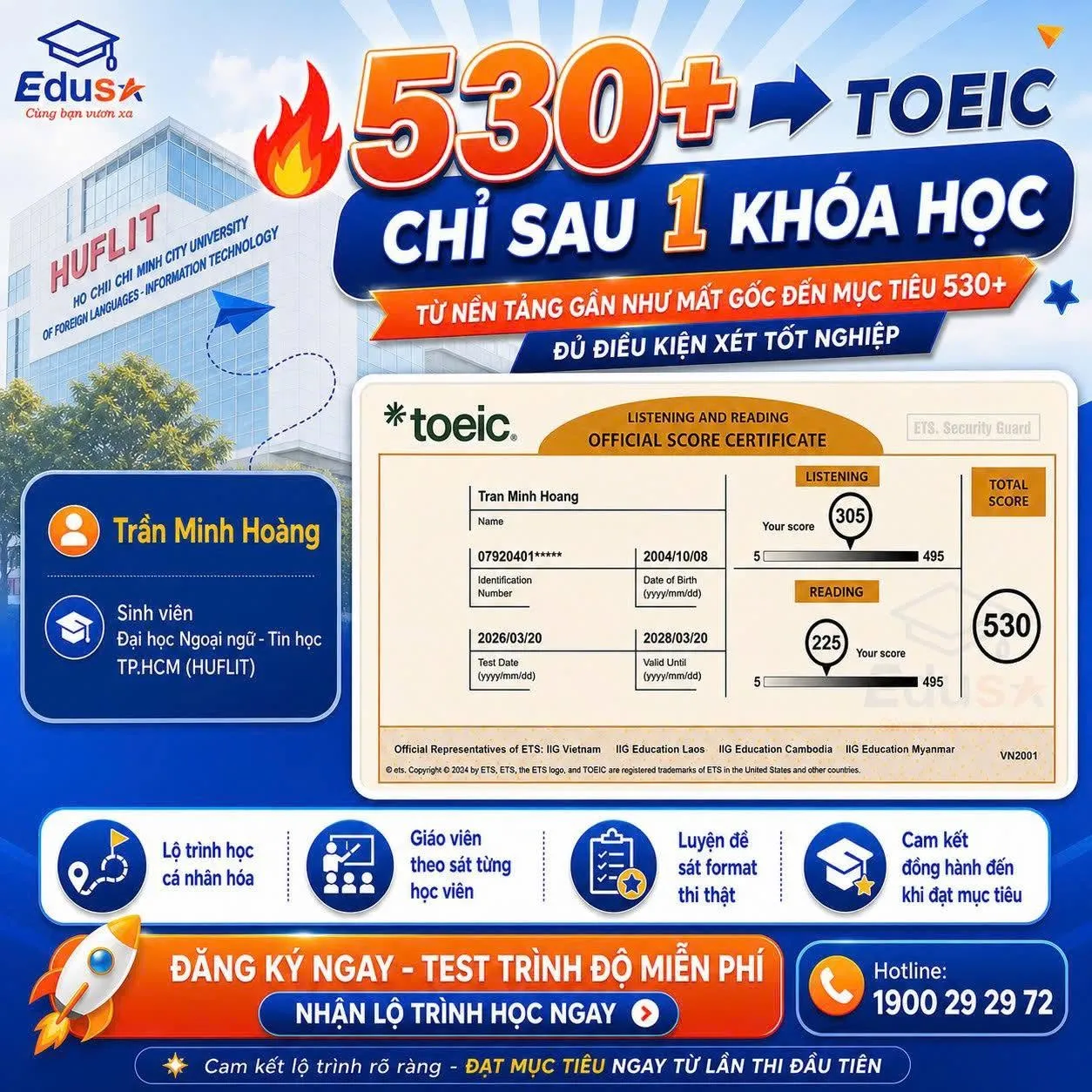 Phiếu điểm TOEIC 530 của học viên Trần Minh Hoàng tại EDUSA