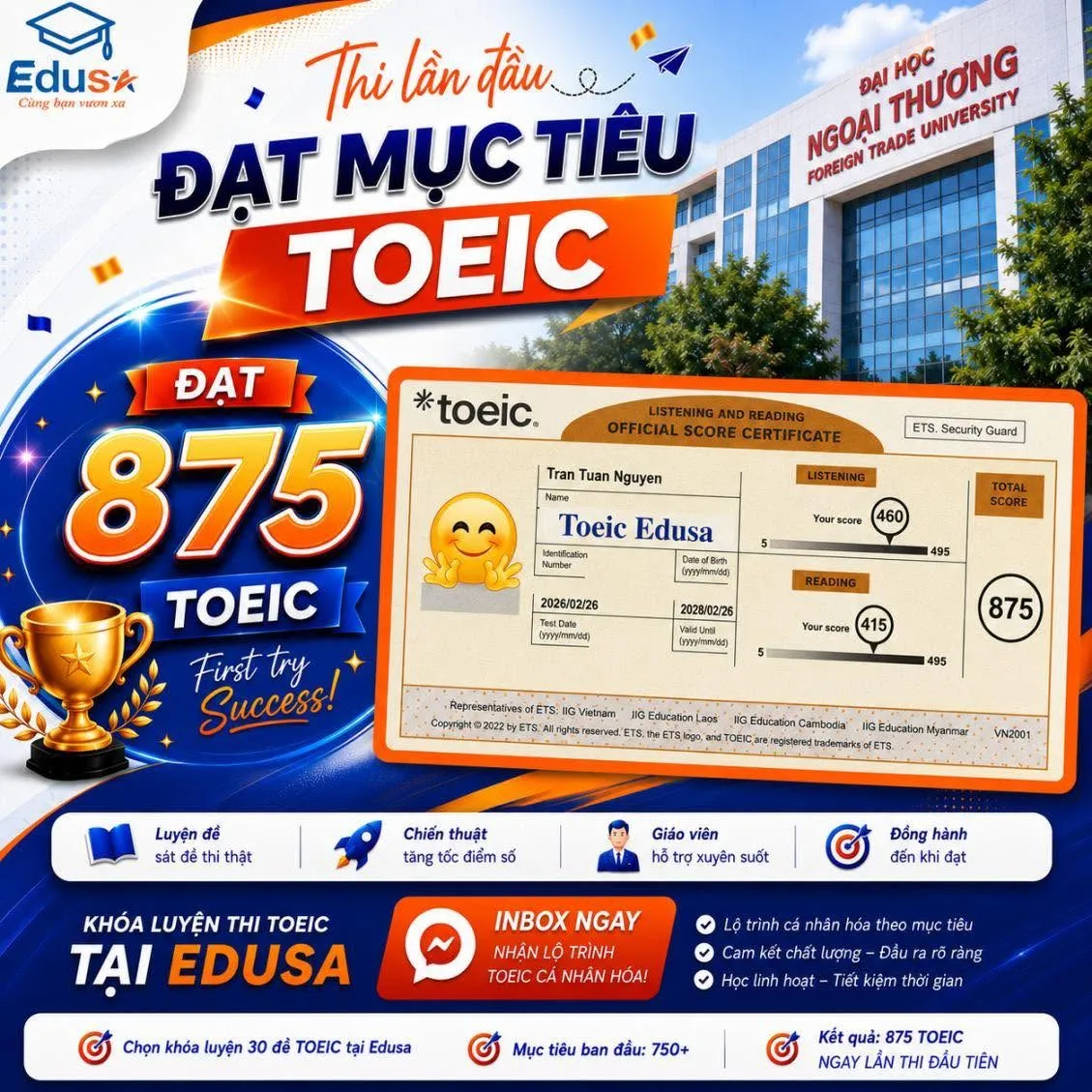 Bảng điểm TOEIC Listening and Reading 875 của học viên Trần Tuấn Nguyên tại EDUSA
