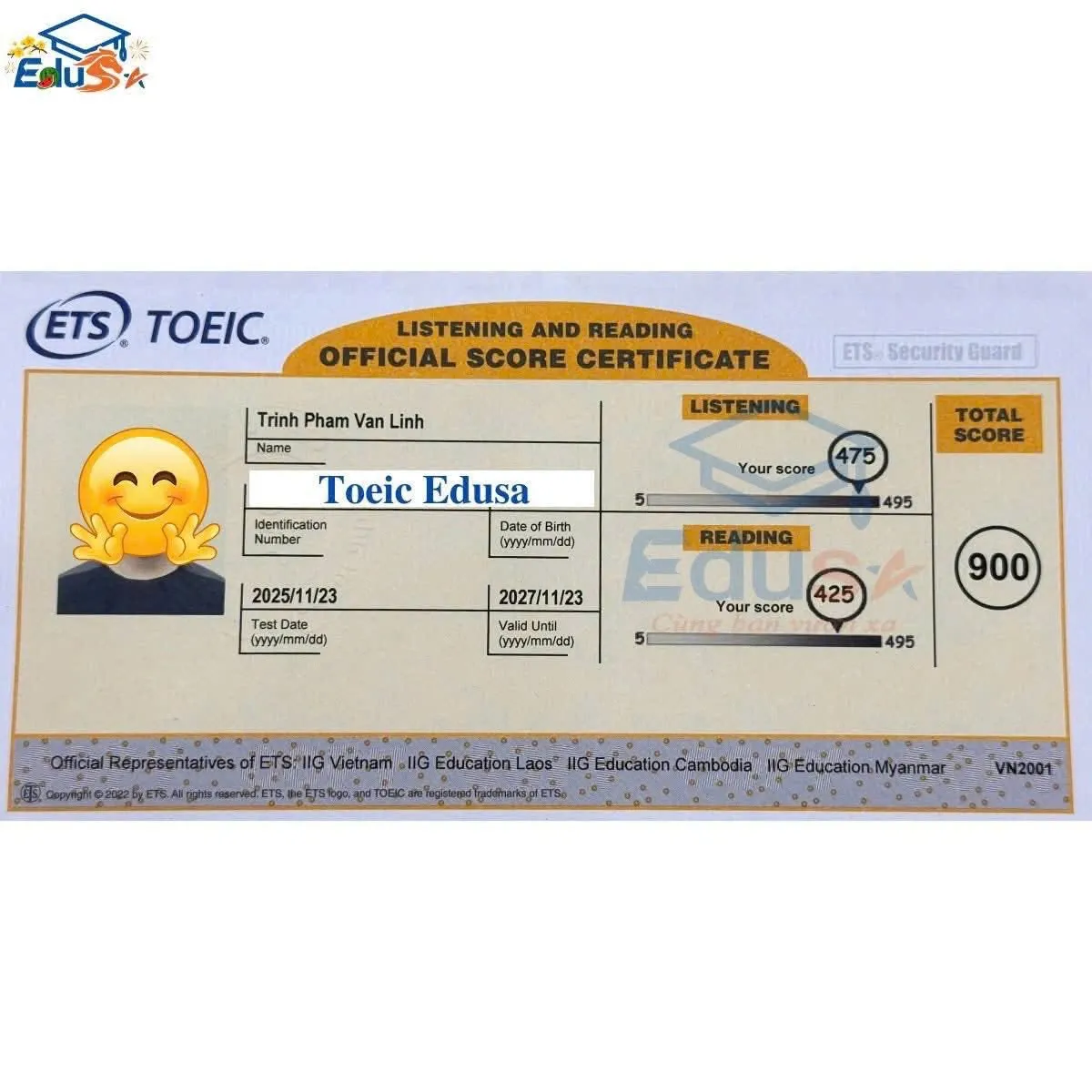 Phiếu điểm TOEIC Trịnh Phạm Vân Linh — 900 điểm — Edusa
