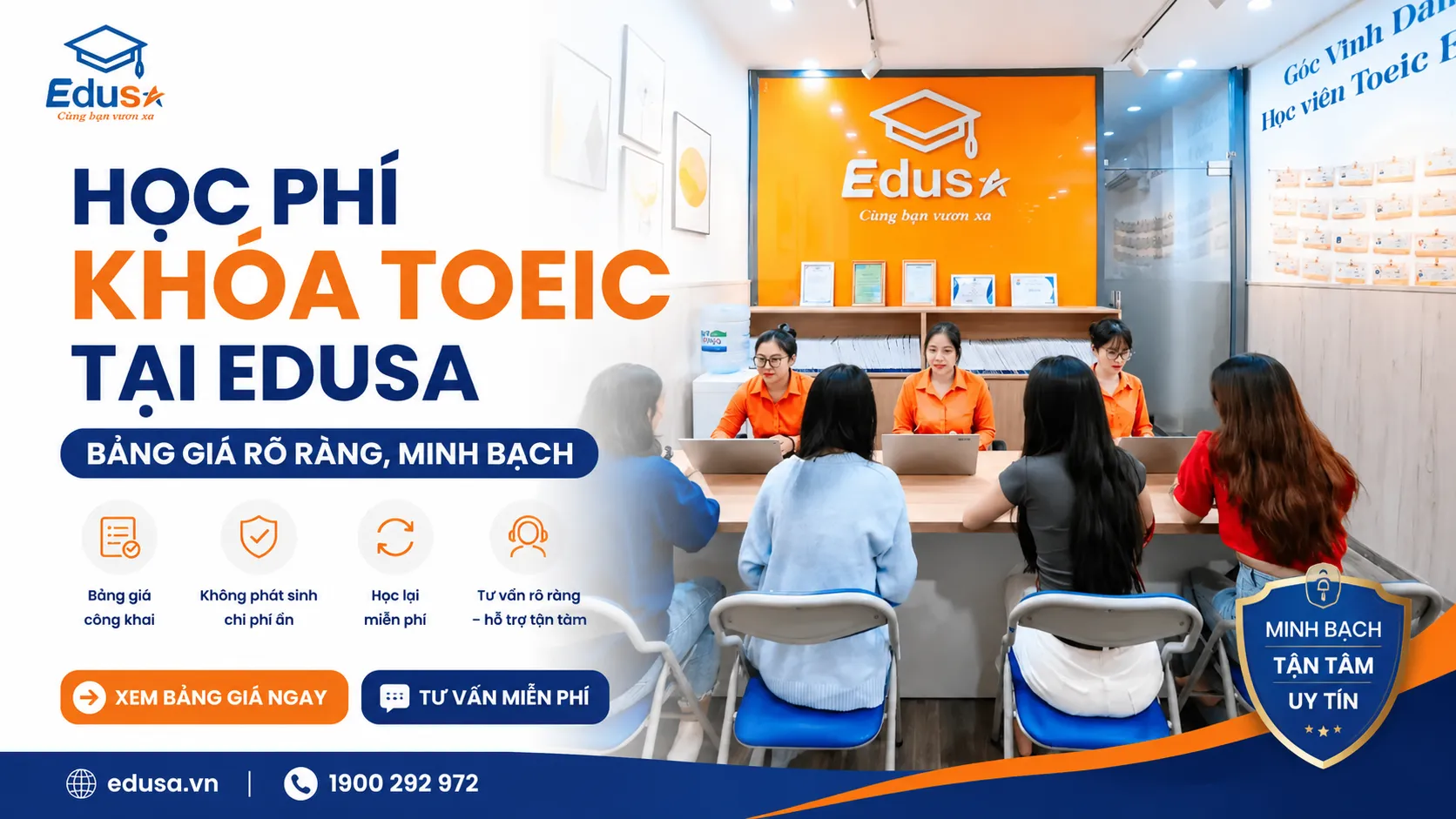 Banner học phí khóa TOEIC tại EDUSA — bảng giá rõ ràng, đã gồm học lại