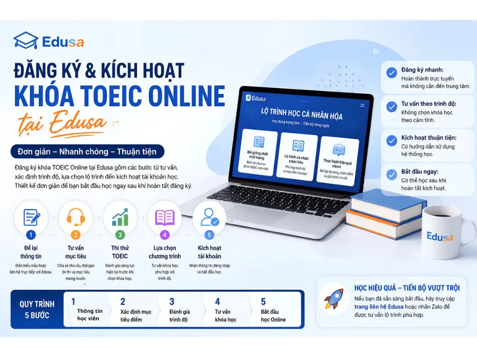 Minh họa 5 bước đăng ký và kích hoạt khóa TOEIC Online tại Edusa