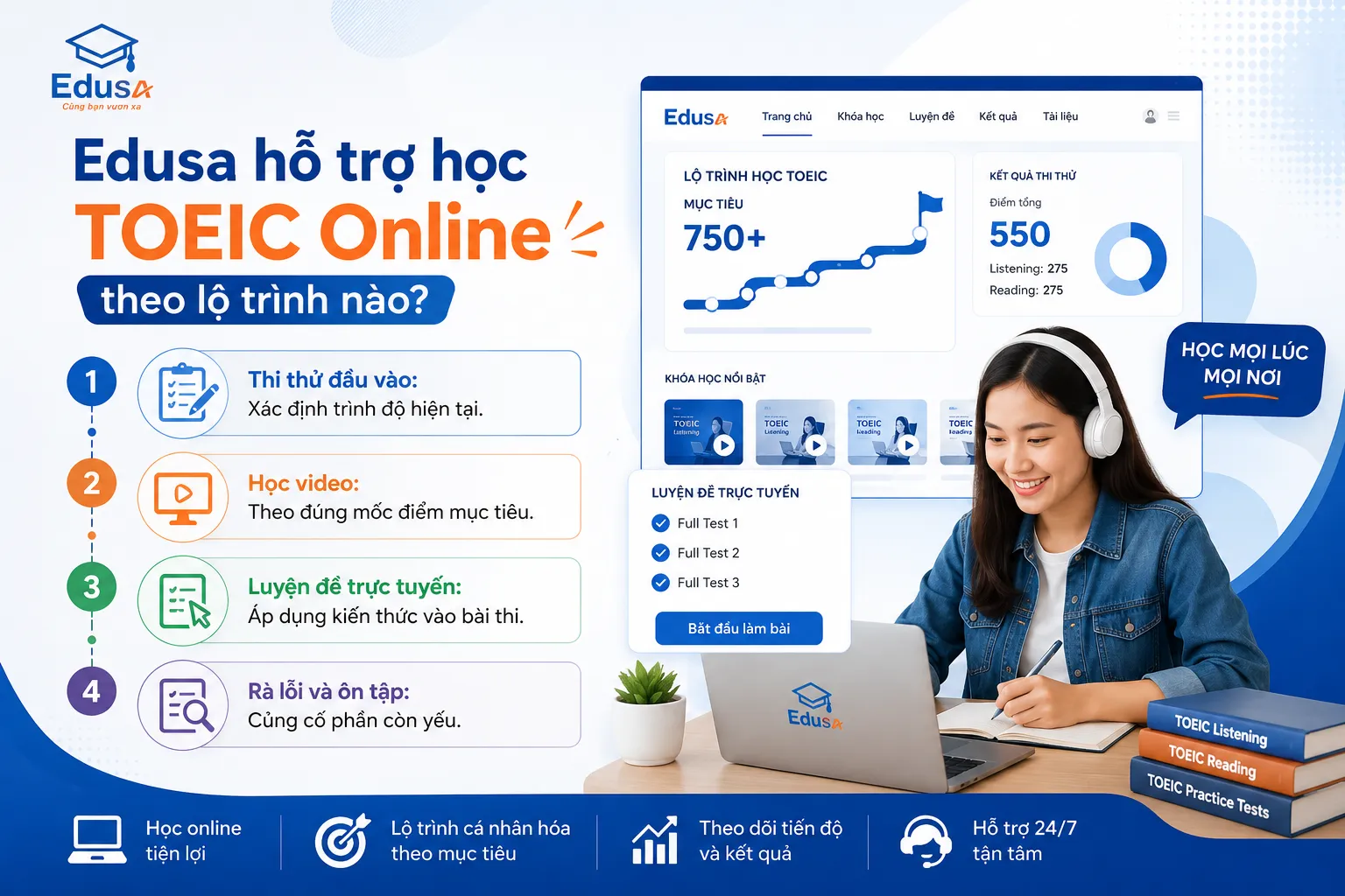 Minh họa lộ trình TOEIC Online 4 bước tại Edusa — thi thử, học video, luyện đề, rà lỗi