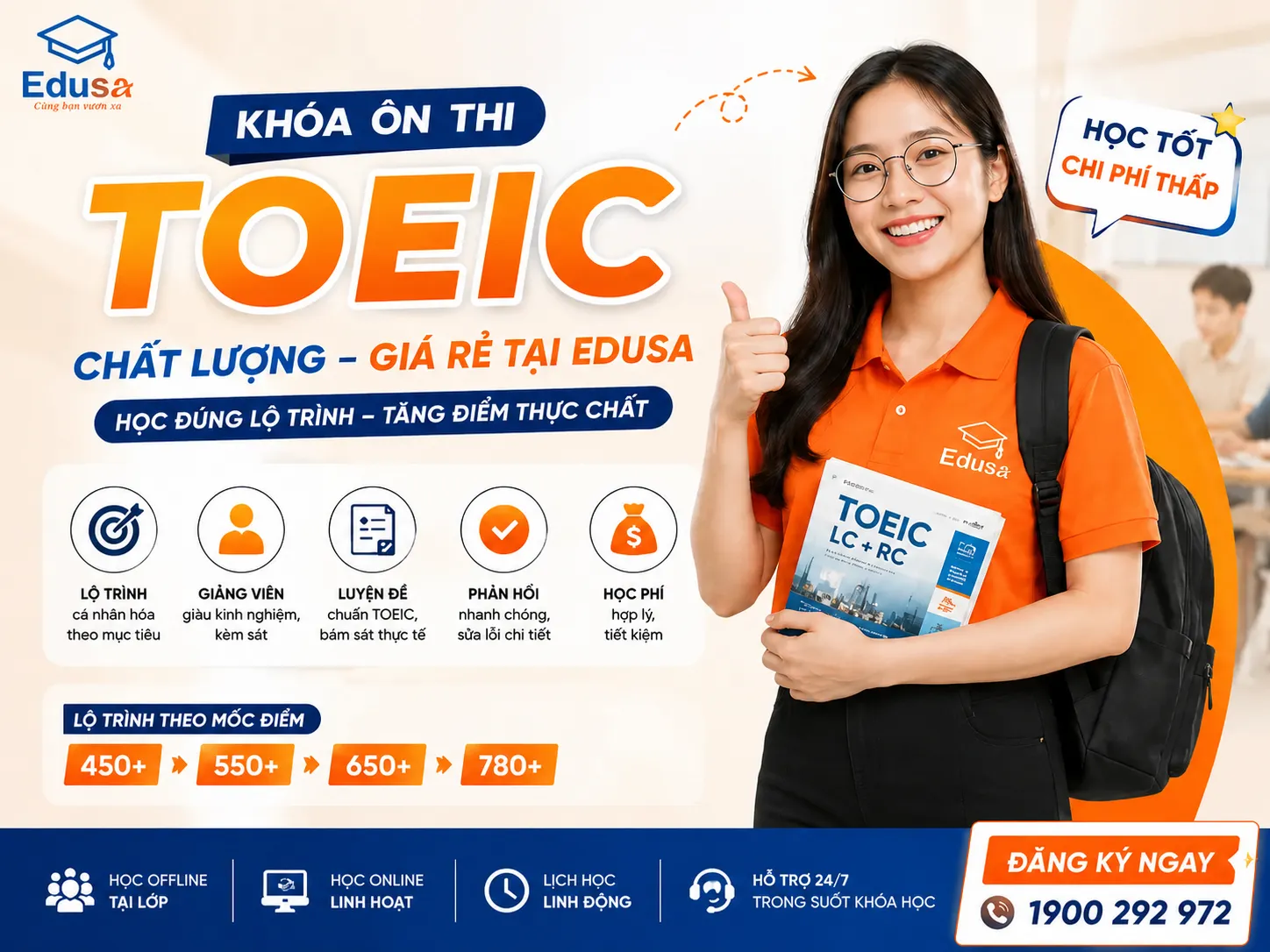 Banner khóa ôn thi TOEIC tại Edusa với lộ trình 450+, 550+, 650+ và 780+, học Offline và Online linh hoạt