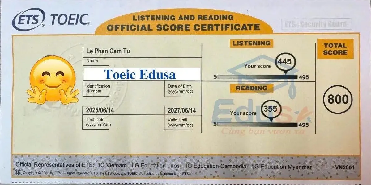 Bảng điểm học viên Lê Phan Cẩm Tú đạt TOEIC 800 tại EDUSA