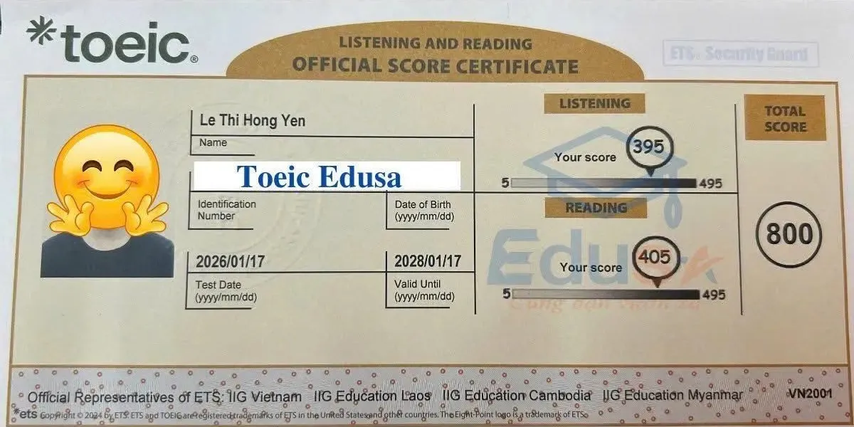 Bảng điểm học viên Lê Thị Hồng Yến đạt TOEIC 800 tại EDUSA