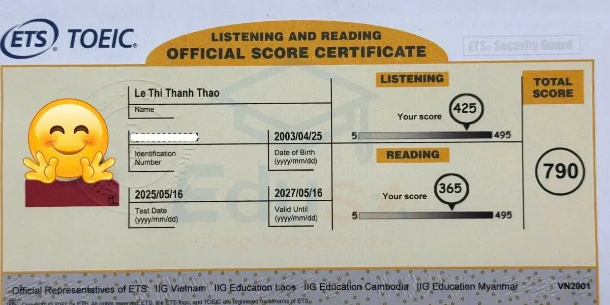 Bảng điểm học viên Lê Thị Thanh Thảo đạt TOEIC 790 tại EDUSA