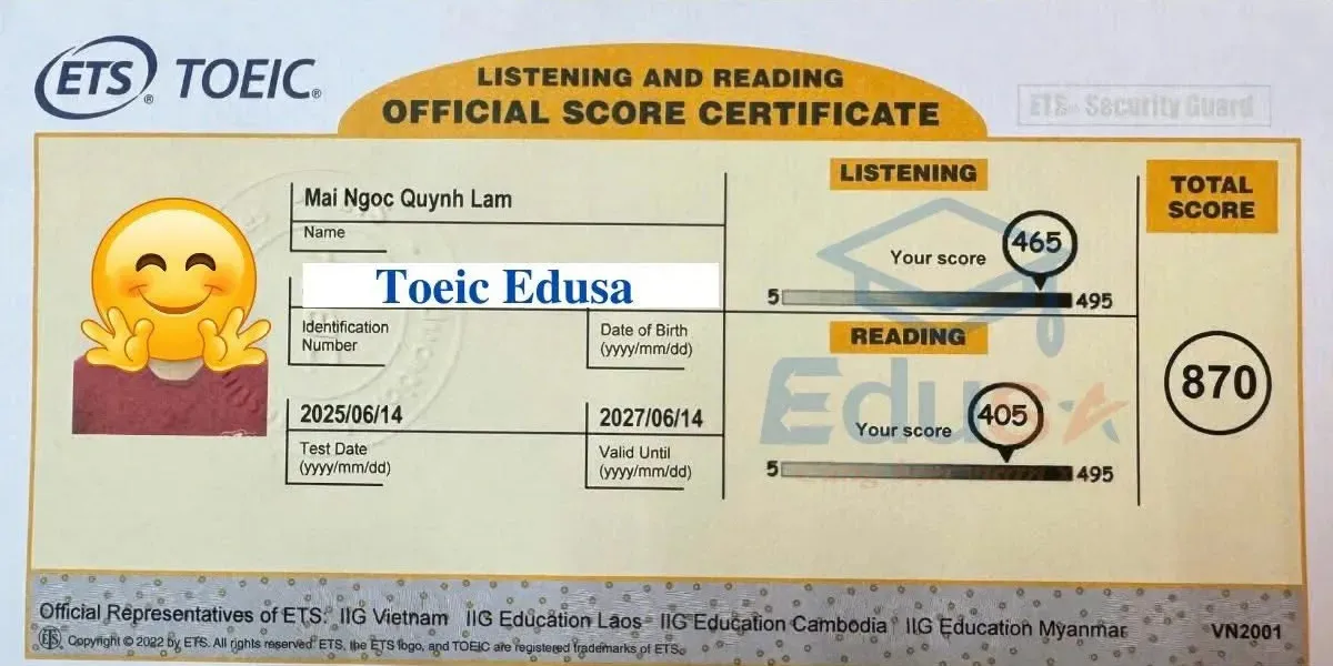 Bảng điểm học viên Mai Ngọc Quỳnh Lam đạt TOEIC 870 tại EDUSA
