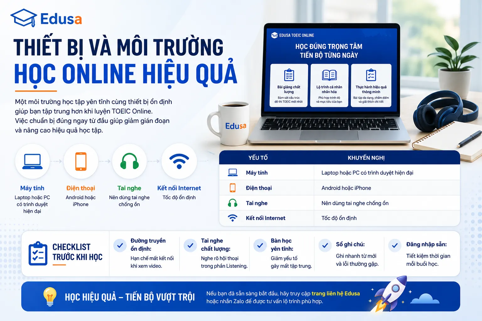 Góc học TOEIC Online với laptop, tai nghe và checklist thiết bị cần chuẩn bị
