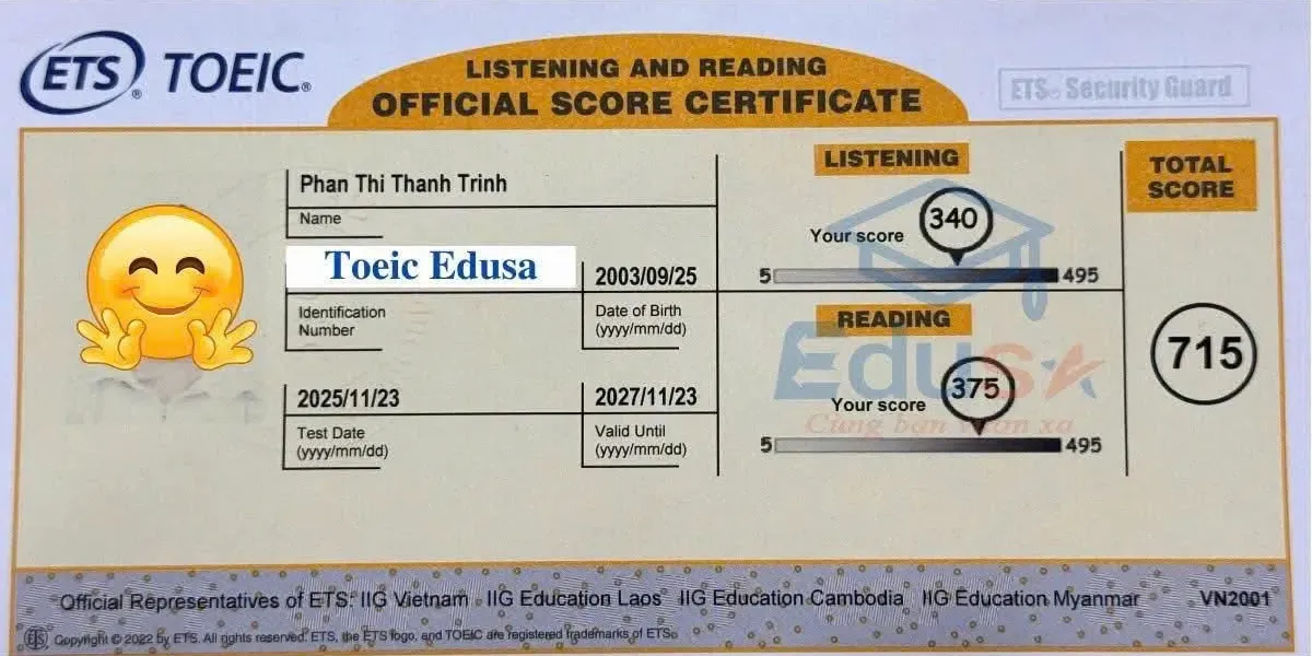 Bảng điểm học viên Phan Thị Thanh Trinh đạt TOEIC 715 tại EDUSA