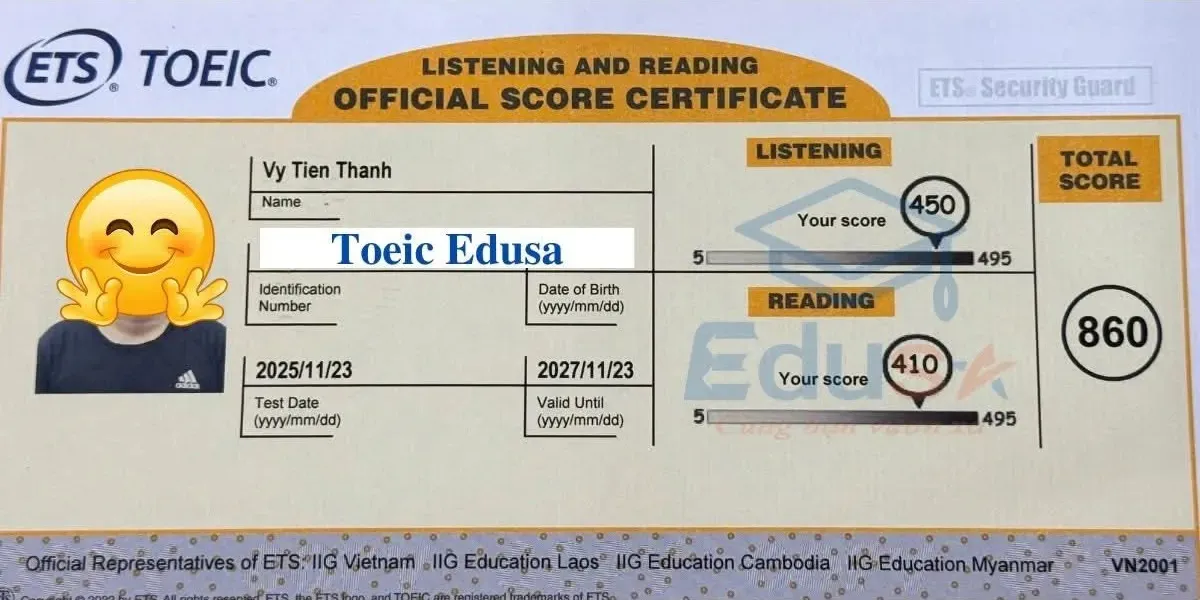 Bảng điểm học viên Vy Tiến Thanh đạt TOEIC 860 tại EDUSA
