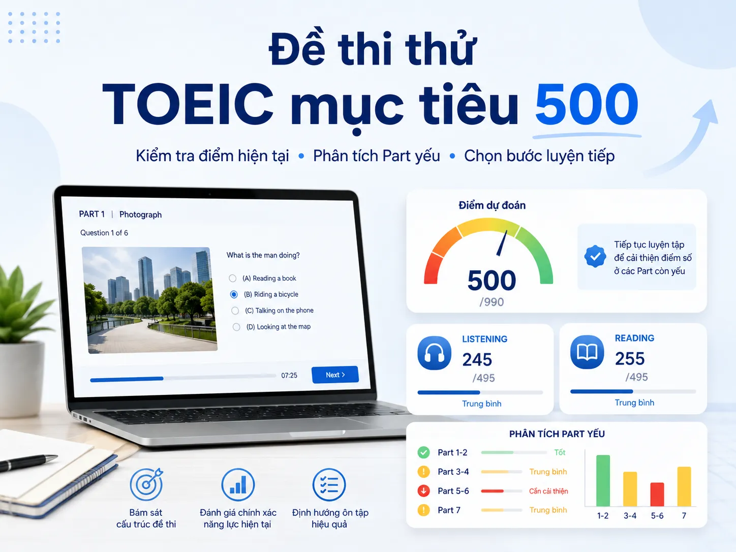 Đề thi thử TOEIC 500 giúp kiểm tra Listening, Reading và xác định Part cần luyện thêm