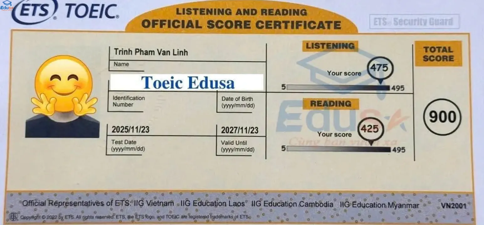 Mẫu TOEIC Listening and Reading Official Score Certificate thể hiện điểm Listening và Reading